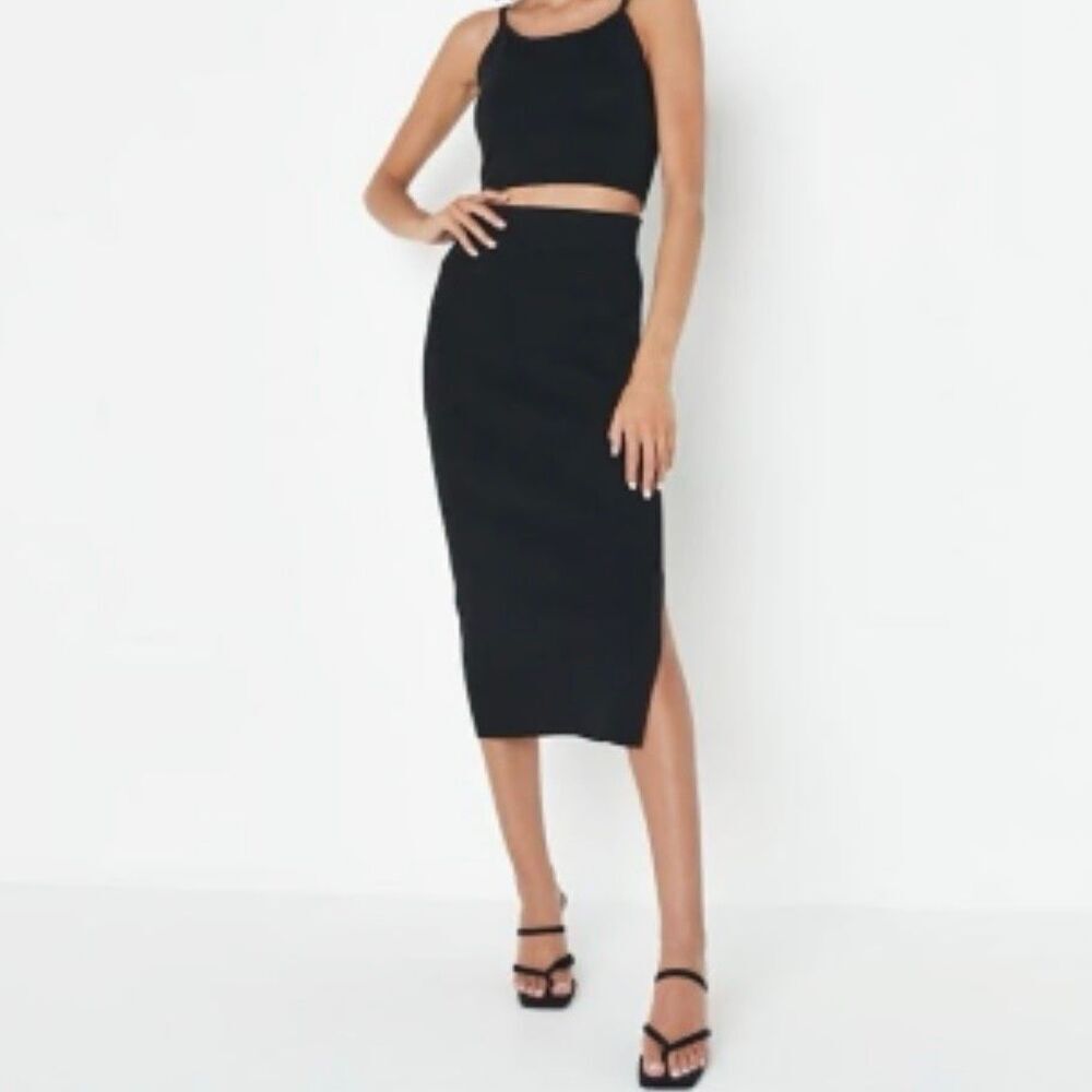 House of Harlow 1960 Black Ribbed Side Slit Pencil Skirt Size Large NEW